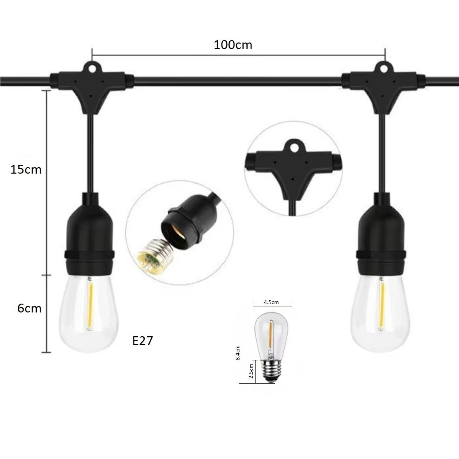 Ghirlanda luminoasa, decorativa, interconectabila, 10m, 10 dulii E27, Lumina Alb Cald, 220V